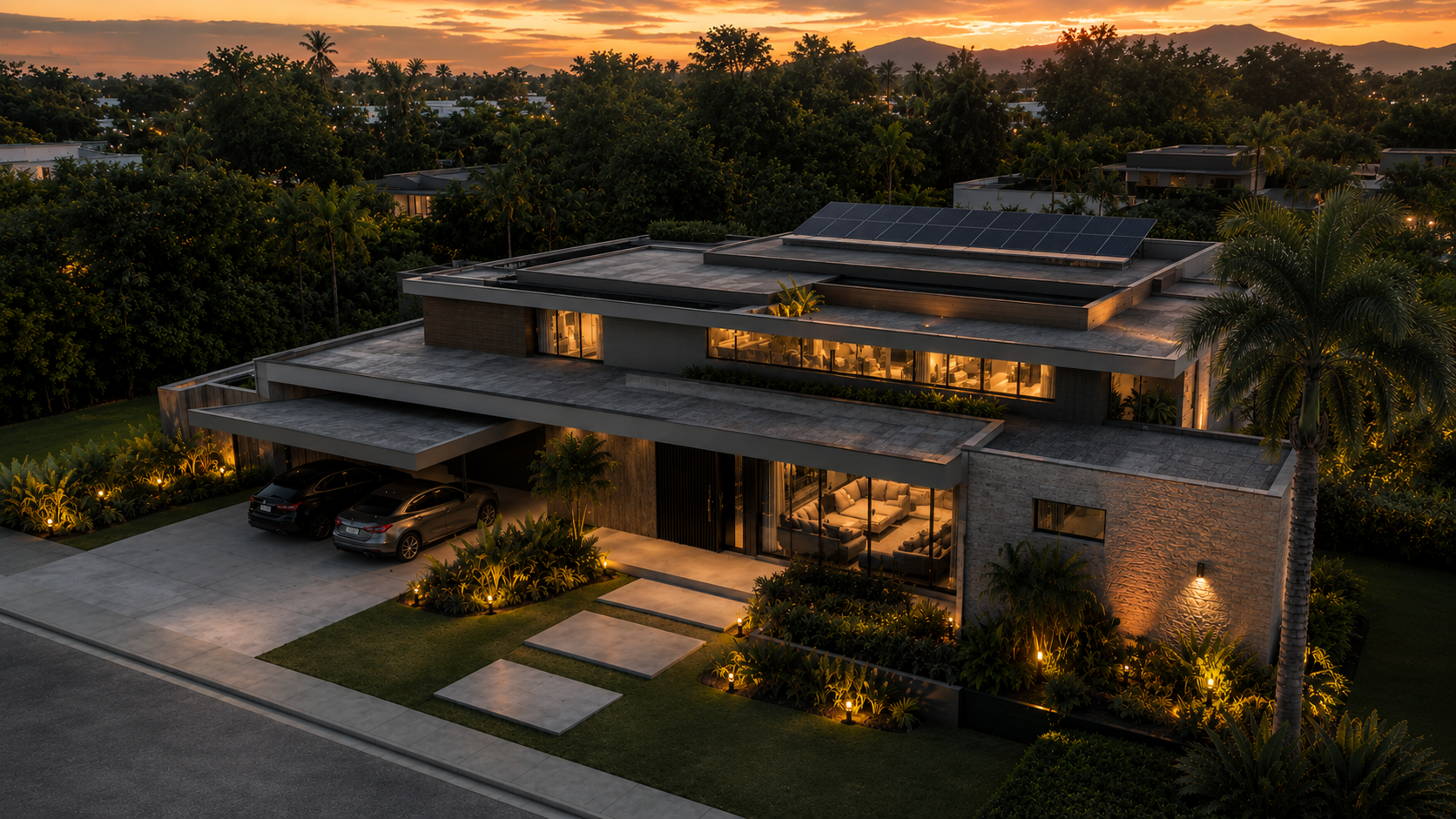 Casa moderna en Guatemala con paneles solares instalados en el techo
